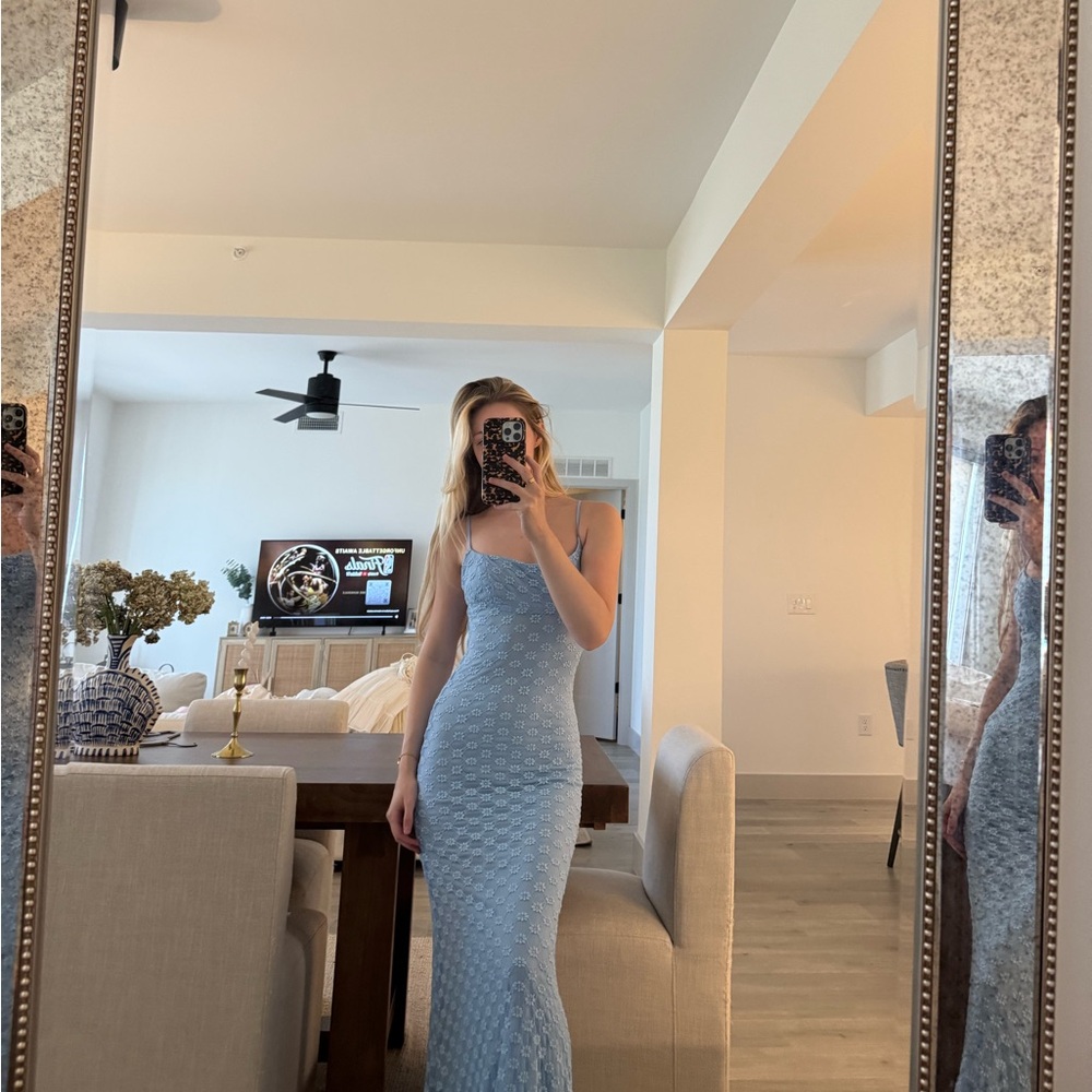 Bardot Blue Ruched Spaghetti Strap Midi Dress